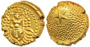 Star Gold Pagoda, 3.4g, single Swami (Balaji-Tirupati) standing, facing front on obv; star
