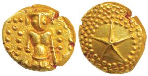 Star Gold Pagoda, 3.36g, single Swami (Balaji-Tirupati) standing, facing front on obv.; st