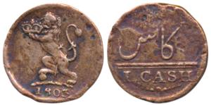 Copper Cash, 1803, Lion holding a crown to left on obv., Value in English and Persian on r