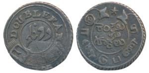 Silver Double or 2 Fanams, 1.73g, 2nd issue, 1808, oblique milling, buckled garter on obv.