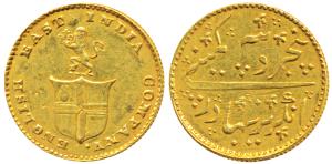 Gold Rupees 5 or 1/3 Mohur, 3.87g, obv. company arms with a lion holding a crown, rev. Per