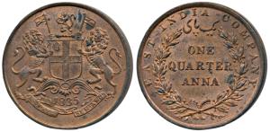 Copper ¼ Anna, 1835, Madras Mint, 23 Berries (12 L+11 R), slanting top to numeral 1, Y of 