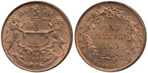 Copper ¼ Anna, 1858, Birmingham Mint, Wreath tips-single leaves, J. Watt and Co, (Prid 156