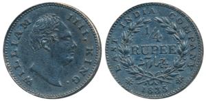 William IV, Silver ¼ Rupee, 1835, Calcutta Mint, F incuse, Wreath with 19 Berries (10L+9R)
