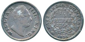 William IV, Silver ¼ Rupee, 1835, Calcutta Mint, F raised, Wreath with 18 Berries (10L+8R)