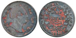 William IV, Silver ½ Rupee, 1835, Calcutta Mint, F incuse, 19 Berries, (Prid 70). Fine, Sc
