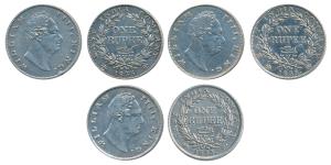 William IV, Silver Rupee (3), 1835, F incuse, the third without initial. Fine to Very Fine