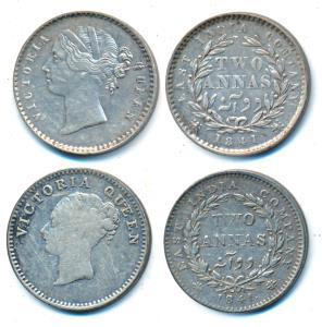 Victoria Queen, Silver 2 Annas (2), 1841, Continuous legend, Calcutta / Bombay Mint, Engli