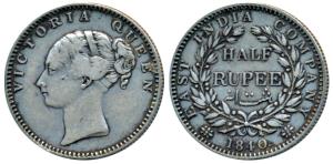 Victoria Queen, Silver ½ Rupee, 1840, Continuous legend, Bombay Mint, English Head, 19 Ber