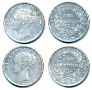 Victoria Queen, Silver Rupee (2), 1840, Continuous legend, Calcutta Mint, English Head wit