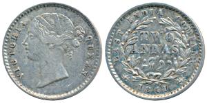 Victoria Queen, Silver 2 Annas, 1841, Divided legend, Calcutta Mint, WW raised, 9 Berries 