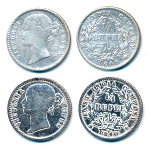 Victoria Queen, Silver ¼ Rupee (2), 1840, Divided legend, Calcutta / Bombay Mint, WW. rais