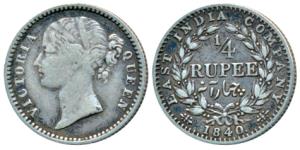Victoria Queen, Silver ¼ Rupee, 1840, Divided legend, Calcutta Mint, Mule, WW. raised, wre