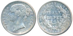 Victoria Queen, Silver ½ Rupee, 1840, Divided legend, Calcutta / Bombay Mint, WW incuse, 2