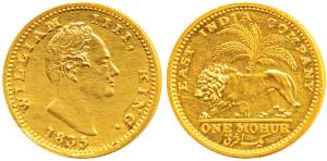 William IV, Proof Restrike Gold Mohur, 1835, Bombay Mint, no initial on truncation, lion a