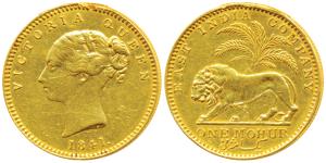 Victoria Queen, Gold Mohur, 11.64g, 1841, Continuous legend, ’S’ incuse on truncation for 