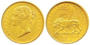 Victoria Queen, Gold Mohur, 11.66g, 1841, Divided legend, WW incused on truncation, cross 
