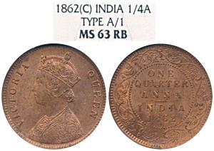 Victoria Queen, Copper ¼ Anna, 1862, Calcutta Mint, A / I, (Prid 600). NGC graded MS63RB (