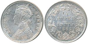 Victoria Queen, Silver ¼ Rupee, 1862, Calcutta Mint, A / I / No mint mark, (Prid 376). Unc