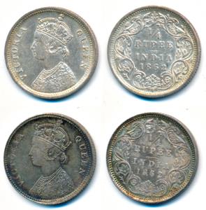 Victoria Queen, Silver ¼ Rupee (2), 1862, Calcutta & Bombay Mint, A / I / No mint mark, (P