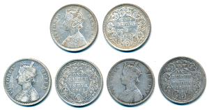 Victoria Queen, Silver Rupee (3), 1862, Calcutta Mint, B / II, with pineapple cone over O 