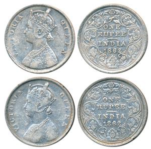 Victoria Queen, Silver Rupee (2), 1862, Bombay Mint, B / II, obv. crude style, scroll like
