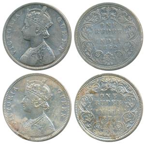 Victoria Queen, Silver Rupee (2), 1862, Calcutta Mint, B/III, 150 ridges, 30.6 mm; 1874, C