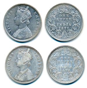 Victoria Queen, Silver Rupee (2), 1877, 1878, Calcutta Mint, A1 / I / No mint mark, (Prid 