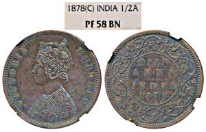 Victoria Empress, Copper ½ Anna, 1878, Calcutta Mint, obv. C (Prid 587, KM 487). Original 