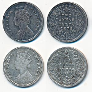 Victoria Empress, Silver 2 Annas, 1878 & 1881, both Calcutta Mint, B / II / No mint mark &