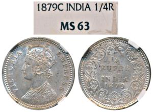 Victoria Empress, Silver ¼ Rupee, 1879, Calcutta Mint, C / II / C incuse, (Prid 384). Grad