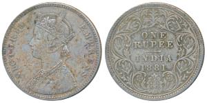 Victoria Empress, Silver Rupee, 1881, Calcutta Mint, A1 / I / C incuse, (Prid 119). Very F