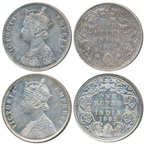 Victoria Empress, Silver Rupee (2), 1882, Bombay Mint, A3 / IV / dot, (Prid 159) & A3 / I 
