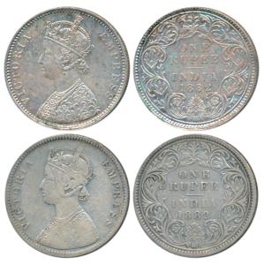 Victoria Empress, Silver Rupee (2), 1882, Calcutta Mint, A1 / I / C incuse; Bombay Mint, A