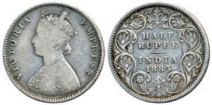 Victoria Empress, Silver ½ Rupee, 1883, Calcutta Mint, A / I / C incuse, (Prid 267). Fine,