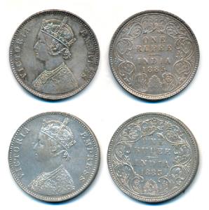 Victoria Empress, Silver Rupee, 1885 (2), Calcutta Mint, A1 / I / C incuse; Bombay Mint, A