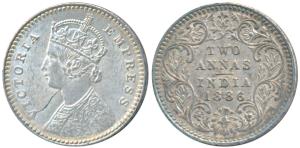 Victoria Empress, Silver 2 Annas, 1886, Calcutta Mint, B / II / C incuse, the ’C’ mint mar