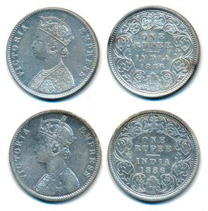 Victoria Empress, Silver Rupee, 1886 (2), Calcutta Mint, C4 / I / C incuse, C4 is a recent