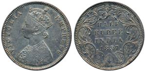 Victoria Empress, Silver ½ Rupee, 1887, Bombay Mint, A / II / B raised (Prid 296). Scratch