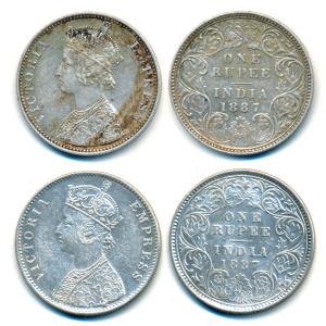 Victoria Empress, Silver Rupee, 1887 (2), Calcutta Mint, A4 / I / C incuse; Bombay Mint, C