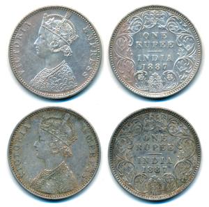 Victoria Empress, Silver Rupee, 1887 (2), Bombay Mint, A3 / I / B incuse, inverted B; C2 /