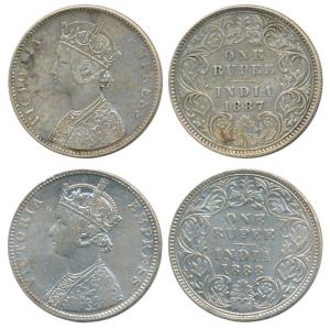 Victoria Empress, Silver Rupee (2), 1887, Calcutta Mint, A4/ I / C incuse; 1888, Bombay Mi