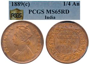 Victoria Empress, Copper ¼ Anna, 1889, Calcutta Mint (Prid 622). Graded by PCGS MS65RD.
