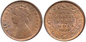 Victoria Empress, Copper ¼ Anna, 1891, Calcutta Mint, (Prid 624). Uncirculated.