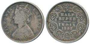 Victoria Empress, Silver ½ Rupee, 1893, Calcutta Mint, A / I / C incuse, (Prid 277). Fine+