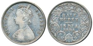 Victoria Empress, Silver ½ Rupee, 1894, Bombay Mint, A / I / B incuse, (Prid 304). About V