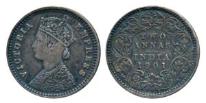 Victoria Empress, Silver 2 Annas, 1901, Bombay Mint, B / I / B raised, very few specimens 