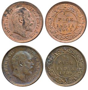 Edward VII, Copper ½ Pice, 1903; Bronze, 1909 (Prid 735 & 743). The first Extremely Fine, 