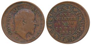 Edward VII, Copper ¼ Anna, 1903, Error, off center, die shift on both sides by 10% (KM 501