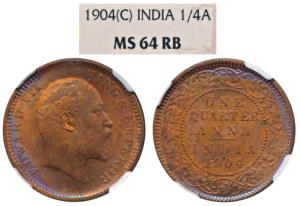 Edward VII, Copper ¼ Anna, 1904, Calcutta Mint (KM 501). Graded by NGC MS64RB.